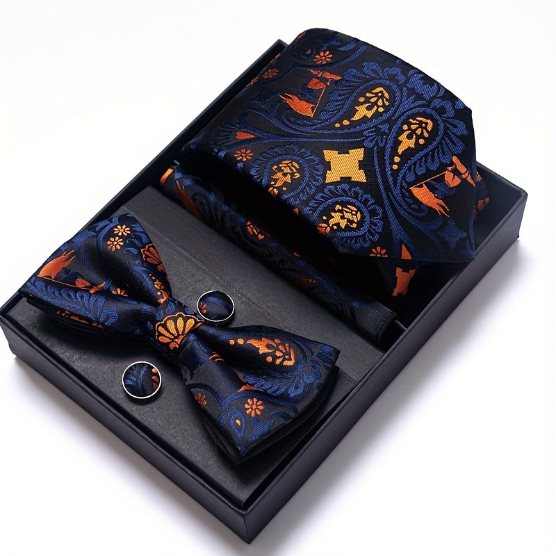 IN BLACK Passabin Men's Fashion Tie & Bow Set with Pocket Square and Cufflinks - Polyester, Woven, Perfect for Business & Wedding Attire