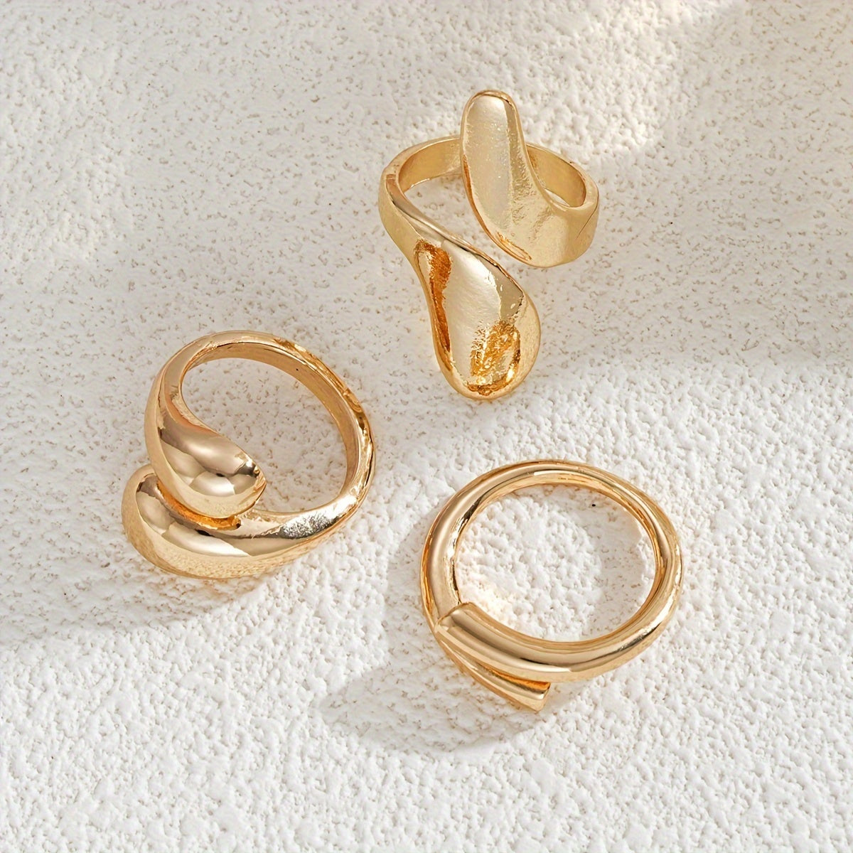 Elegant 3-Piece Gold-Tone Geometric Drop Ring Set - Perfect for Everyday Wear and Special Occasions