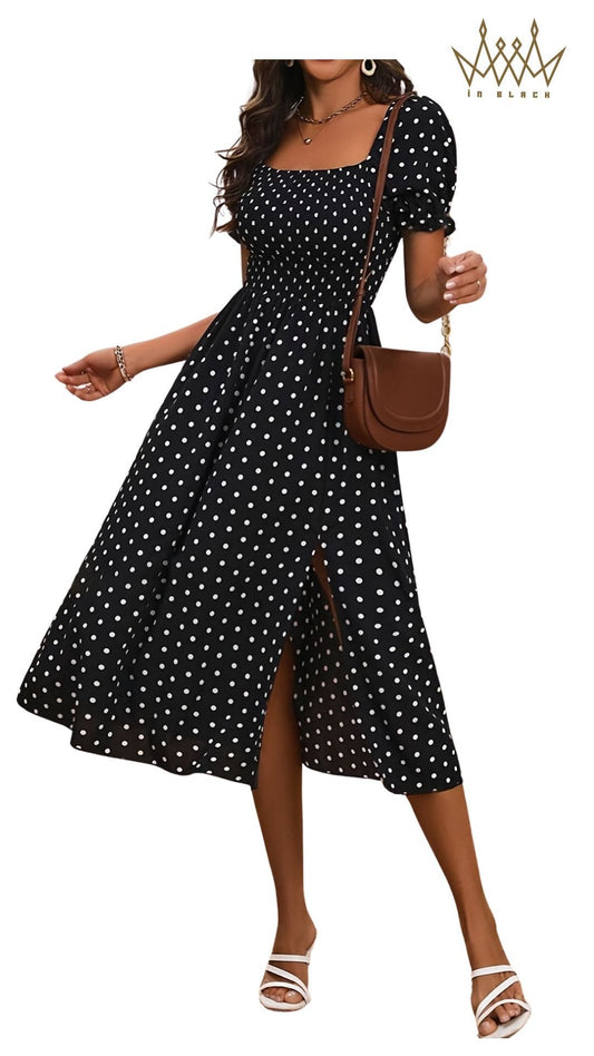 Backless Polka Dot Slit Dress, Elegant Puff Sleeve Square Neck Dress For Spring & Summer, Women's Clothing