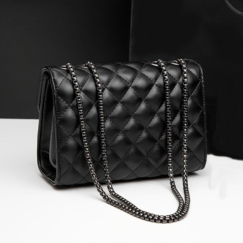 Trendy Black Small Square Shoulder Chain Bag, Elegant Argyle Pattern Flap Crossbody Bag Purse For Women