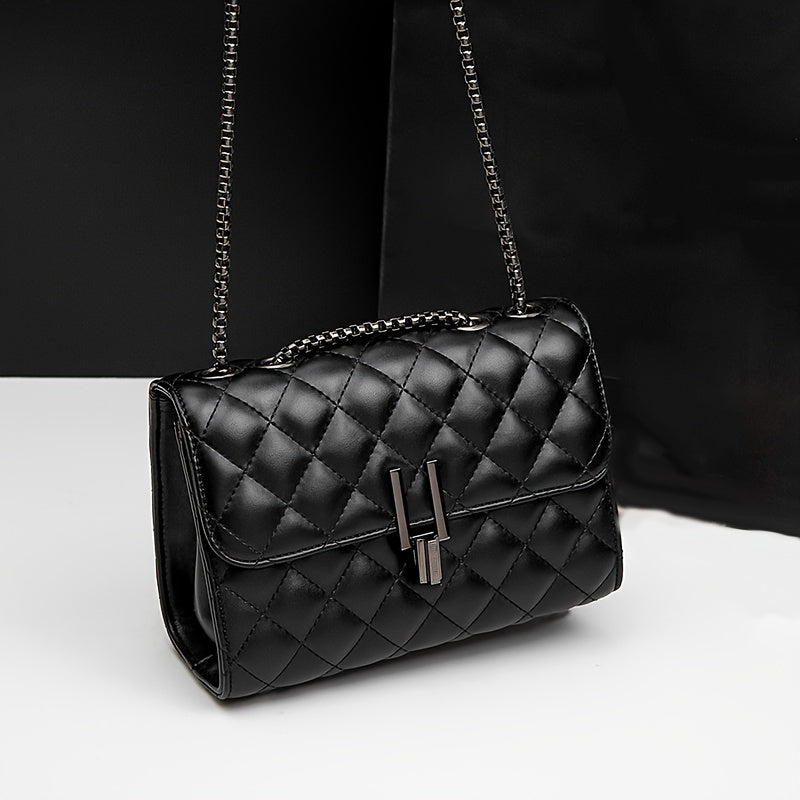 Trendy Black Small Square Shoulder Chain Bag, Elegant Argyle Pattern Flap Crossbody Bag Purse For Women