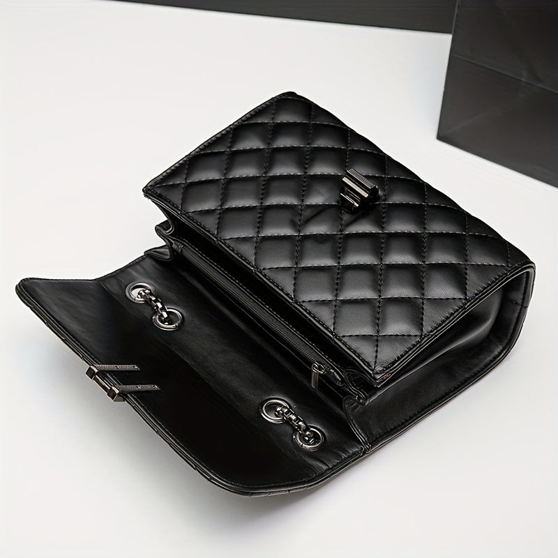 Trendy Black Small Square Shoulder Chain Bag, Elegant Argyle Pattern Flap Crossbody Bag Purse For Women