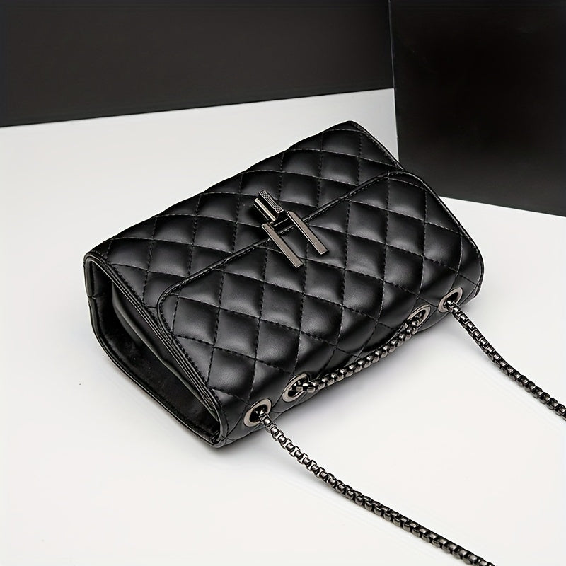 Trendy Black Small Square Shoulder Chain Bag, Elegant Argyle Pattern Flap Crossbody Bag Purse For Women