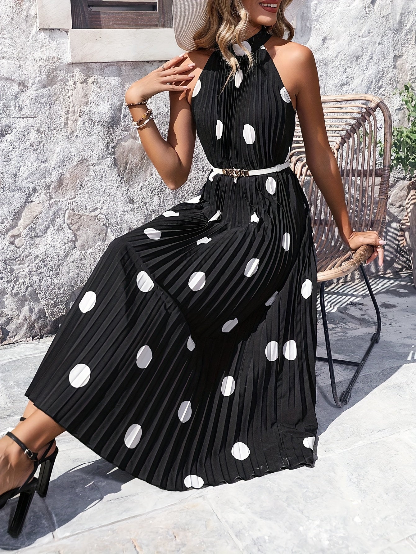 Polka Dot Print Halter Neck Pleated Dress, Elegant Sleeveless Trapeze Dress For Spring & Summer, Women's Clothing