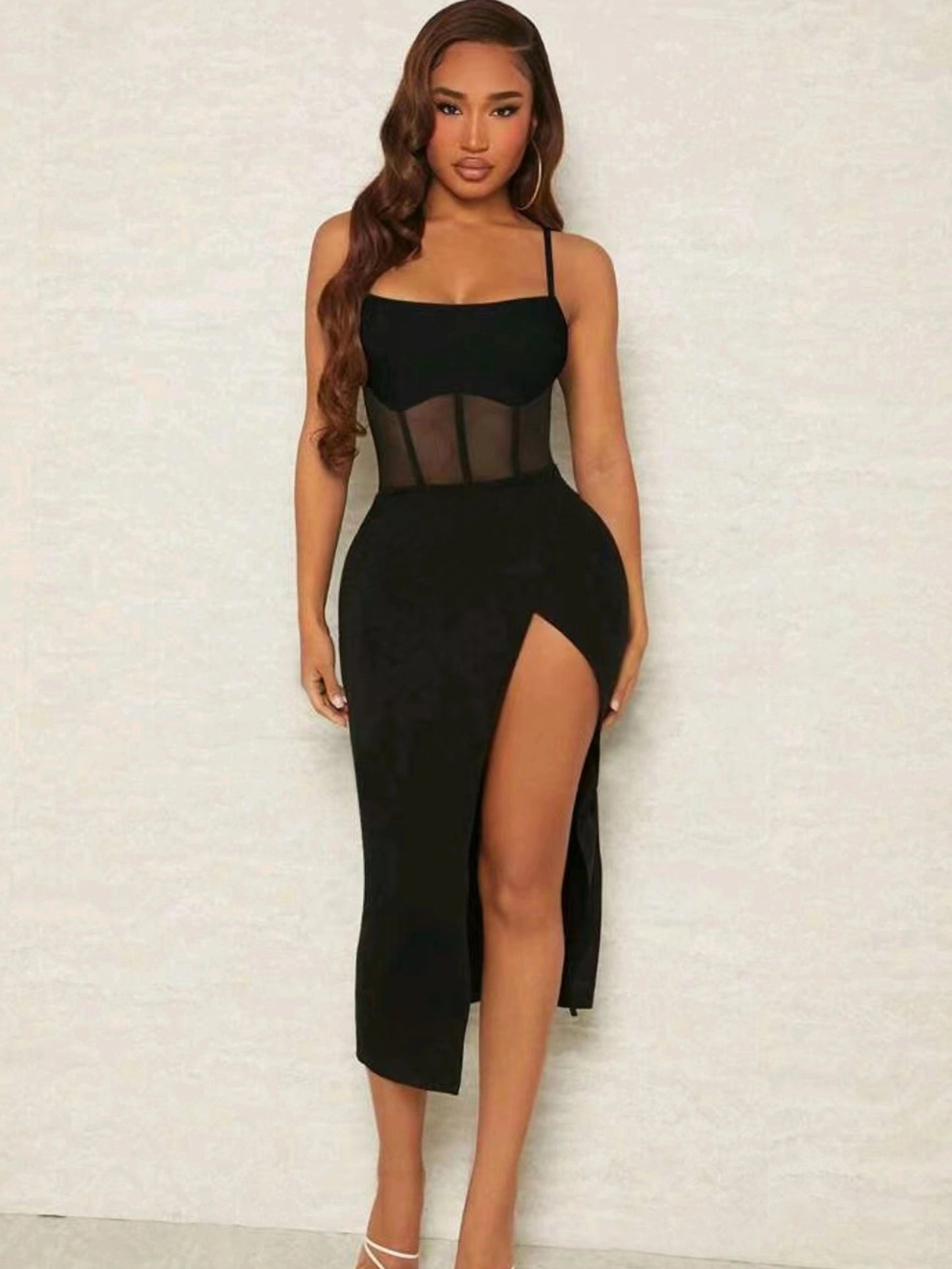 Contrast Sheer Mesh Boning Cami Dress, Sexy Sleeveless Split Thigh Slim Dress, Women's Clothing