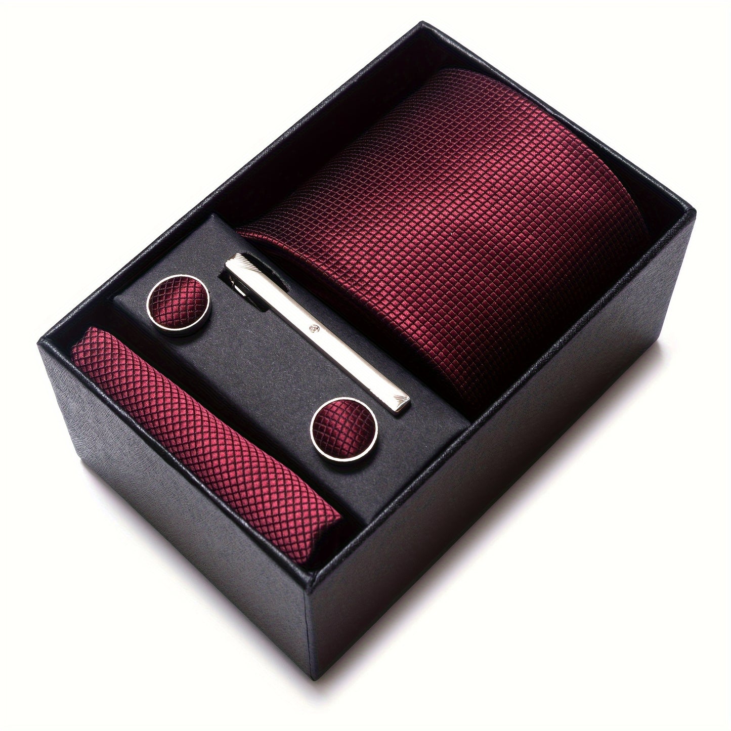 Men's Elegant Tie Set in Burgundy - 7.5cm Woven Polyester Necktie with Matching Pocket Square & Cufflinks, Perfect for Weddings & Formal Occasions - Stylish Gift Box Included, PASSABIN