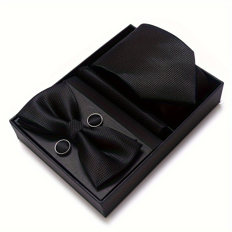 IN BLACK Passabin Men's Fashion Tie & Bow Set with Pocket Square and Cufflinks - Polyester, Woven, Perfect for Business & Wedding Attire