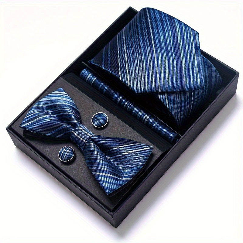 IN BLACK Passabin Men's Fashion Tie & Bow Set with Pocket Square and Cufflinks - Polyester, Woven, Perfect for Business & Wedding Attire