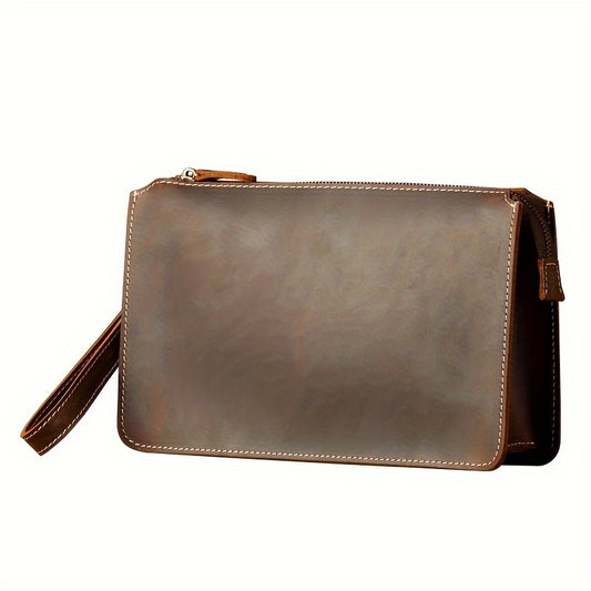 Men's Premium Top Grain Cowhide Clutch - Vintage Style, Casual Envelope Wallet with Zipper, Repairable Scratches