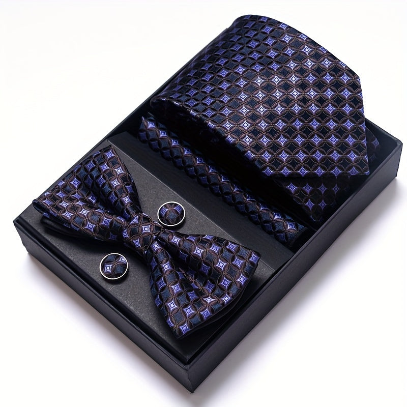 IN BLACK Passabin Men's Fashion Tie & Bow Set with Pocket Square and Cufflinks - Polyester, Woven, Perfect for Business & Wedding Attire