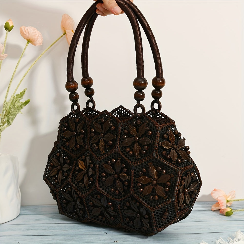 Boho Vintage-Inspired Geometric Dark Brown Top-Handle Handbag – Handcrafted Plastic Coconut Shell Design with Clutch Accessory, Occasion Theme, Zipper Closure, Canvas Lining (Do Not Wash)