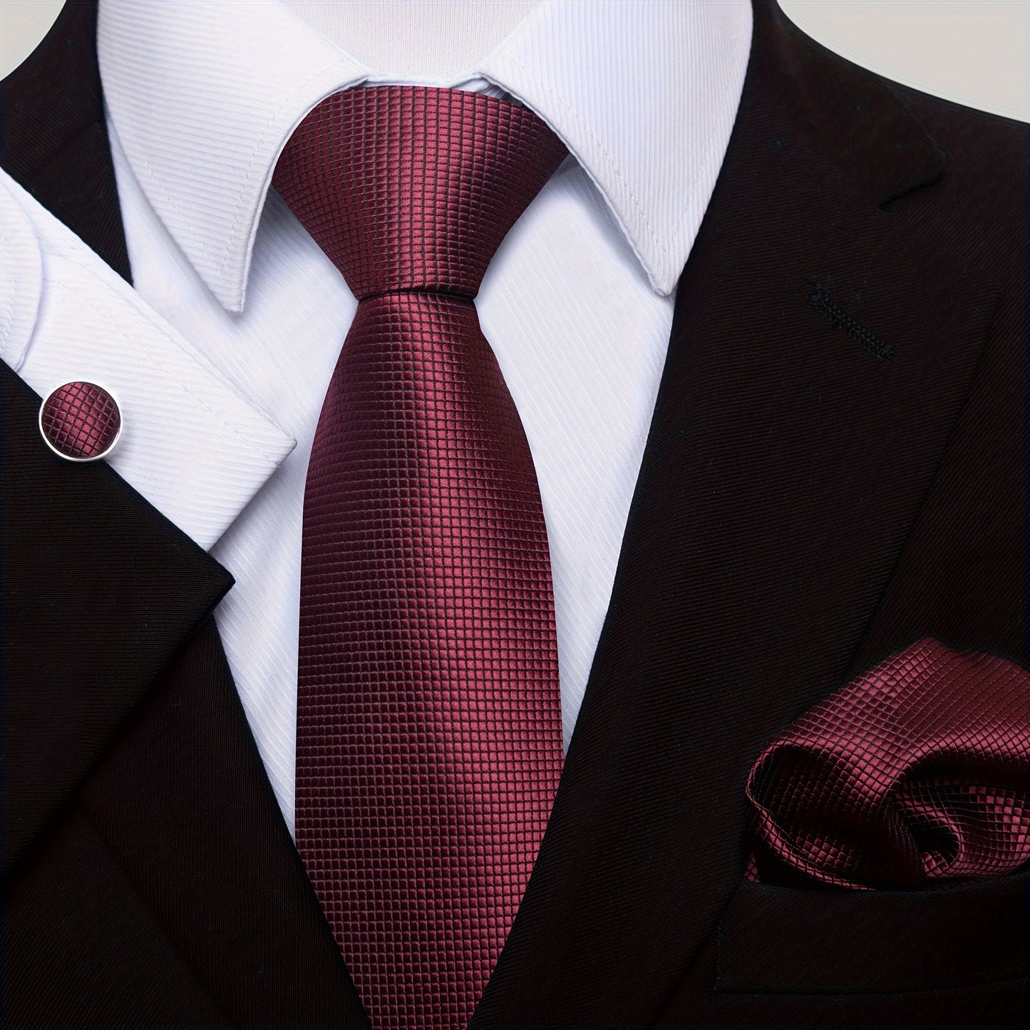 Men's Elegant Tie Set in Burgundy - 7.5cm Woven Polyester Necktie with Matching Pocket Square & Cufflinks, Perfect for Weddings & Formal Occasions - Stylish Gift Box Included, PASSABIN