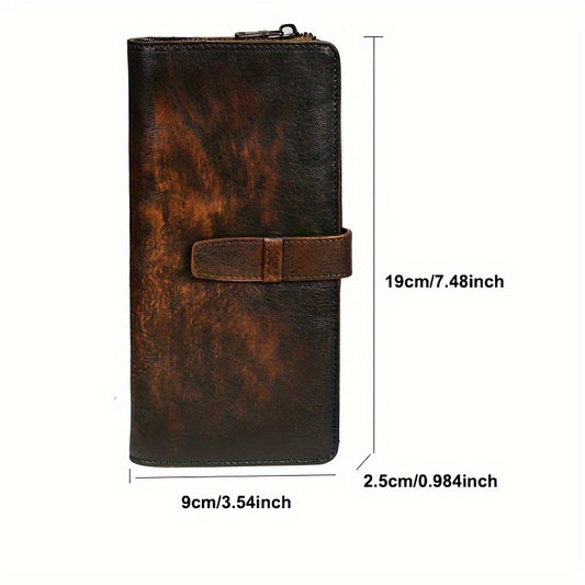 2024 New Vintage Leather Men's Wallet: Distressed Long Wallet with Multiple Card Slots and Snap Button Closure