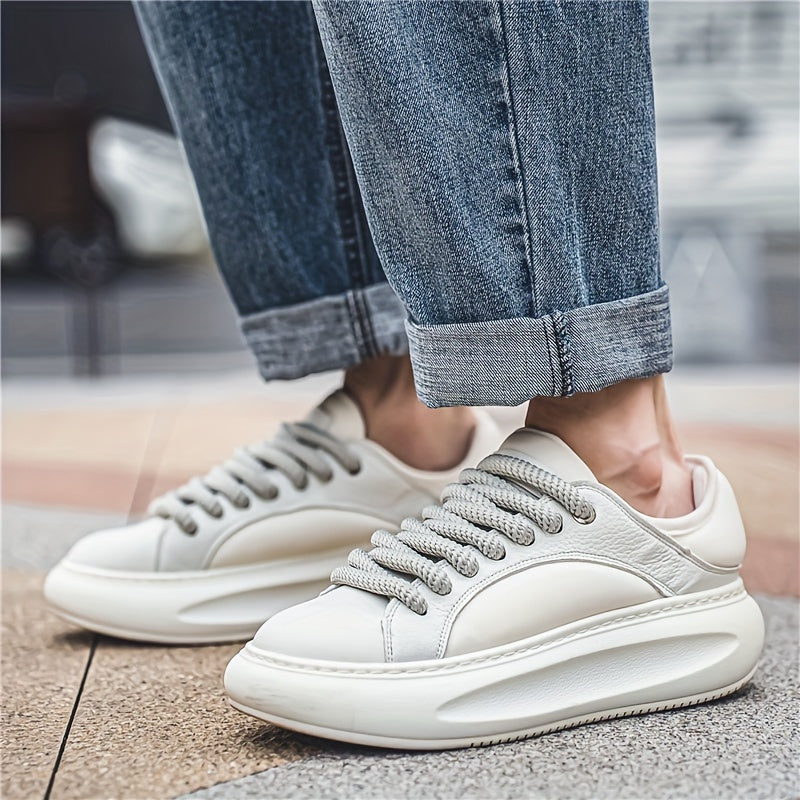 Men's Trendy Summer Sneakers - Casual & Sporty, Thick Sole for Height Boost, Lace-Up, Breathable Faux Leather, Versatile White, for Autumn, Spring