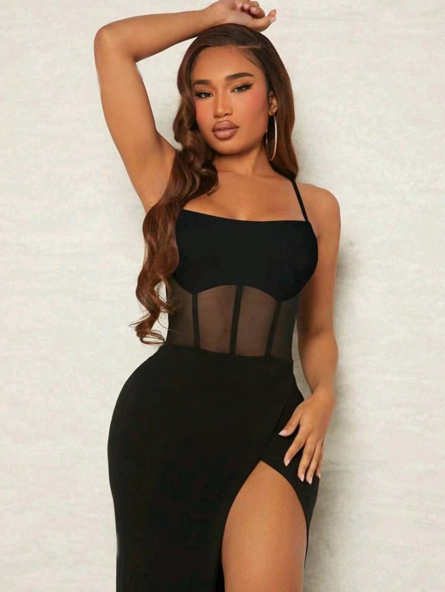 Contrast Sheer Mesh Boning Cami Dress, Sexy Sleeveless Split Thigh Slim Dress, Women's Clothing