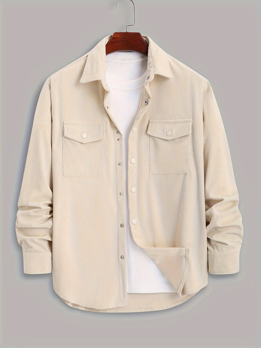 Men's Casual Button-Up Corduroy Shirt, Breathable Comfy Shirt With Pockets For Work & Daily Wear