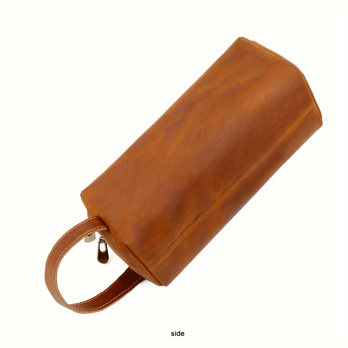 Men's Retro Classic Handbag, Genuine Crazy Horse Leather Double Zipper Storage Bag For Pen, Razor, Brush, Top Layer Cowhide Wrist Bag