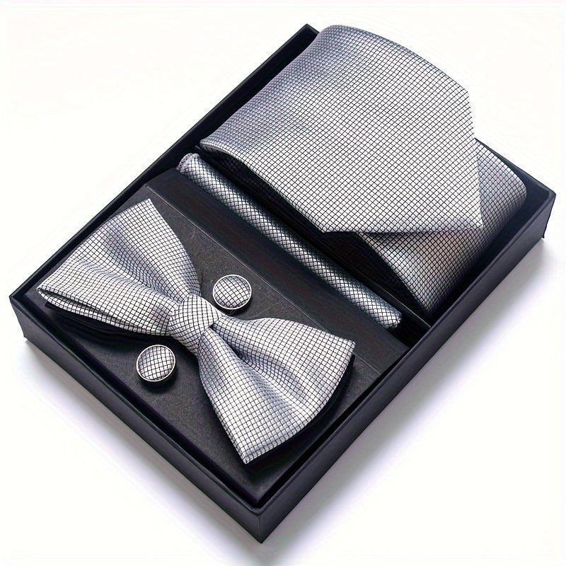 IN BLACK Passabin Men's Fashion Tie & Bow Set with Pocket Square and Cufflinks - Polyester, Woven, Perfect for Business & Wedding Attire