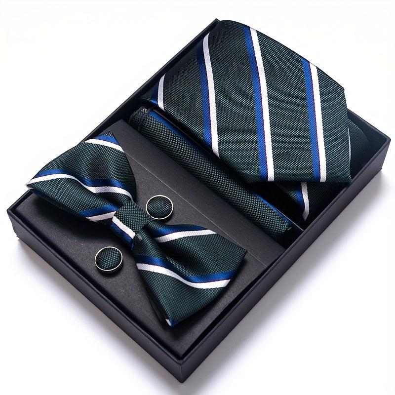 IN BLACK Passabin Men's Fashion Tie & Bow Set with Pocket Square and Cufflinks - Polyester, Woven, Perfect for Business & Wedding Attire