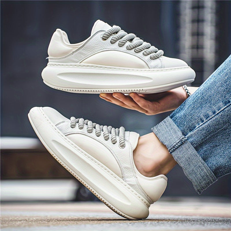 Men's Trendy Summer Sneakers - Casual & Sporty, Thick Sole for Height Boost, Lace-Up, Breathable Faux Leather, Versatile White, for Autumn, Spring