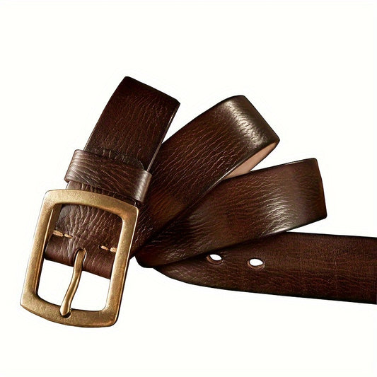 Men's Original Handmade Genuine Leather Belt, Vintage Style, Classic Cowhide, Regular Fit, Solid Brass Buckle, Coffee Brown