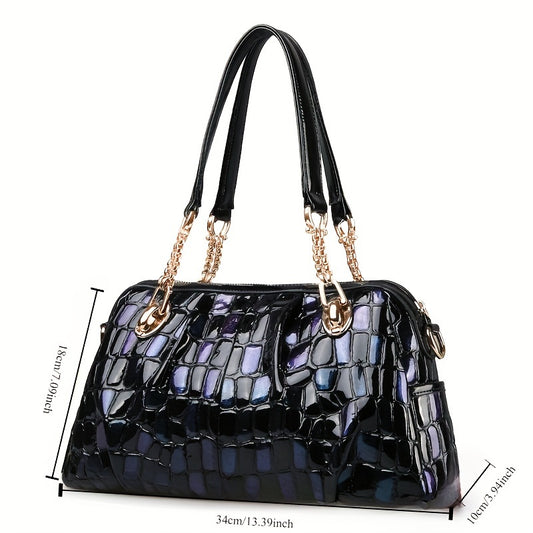 Chic Navy Blue Genuine Faux Leather Shoulder Bag for Women - Spacious, Color-Shifting with Floral Pattern, Polyester Lined, Zip Closure