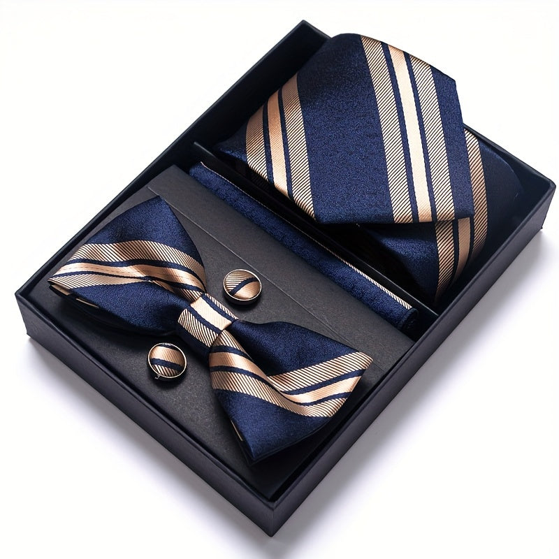 IN BLACK Passabin Men's Fashion Tie & Bow Set with Pocket Square and Cufflinks - Polyester, Woven, Perfect for Business & Wedding Attire