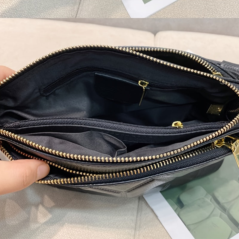 European Style Genuine Leather Crossbody Bag for Women - Elegant Black Solid Color with Removable Strap and Zipper Closure, Casual Shopping Shoulder Handbag from Guangzhou