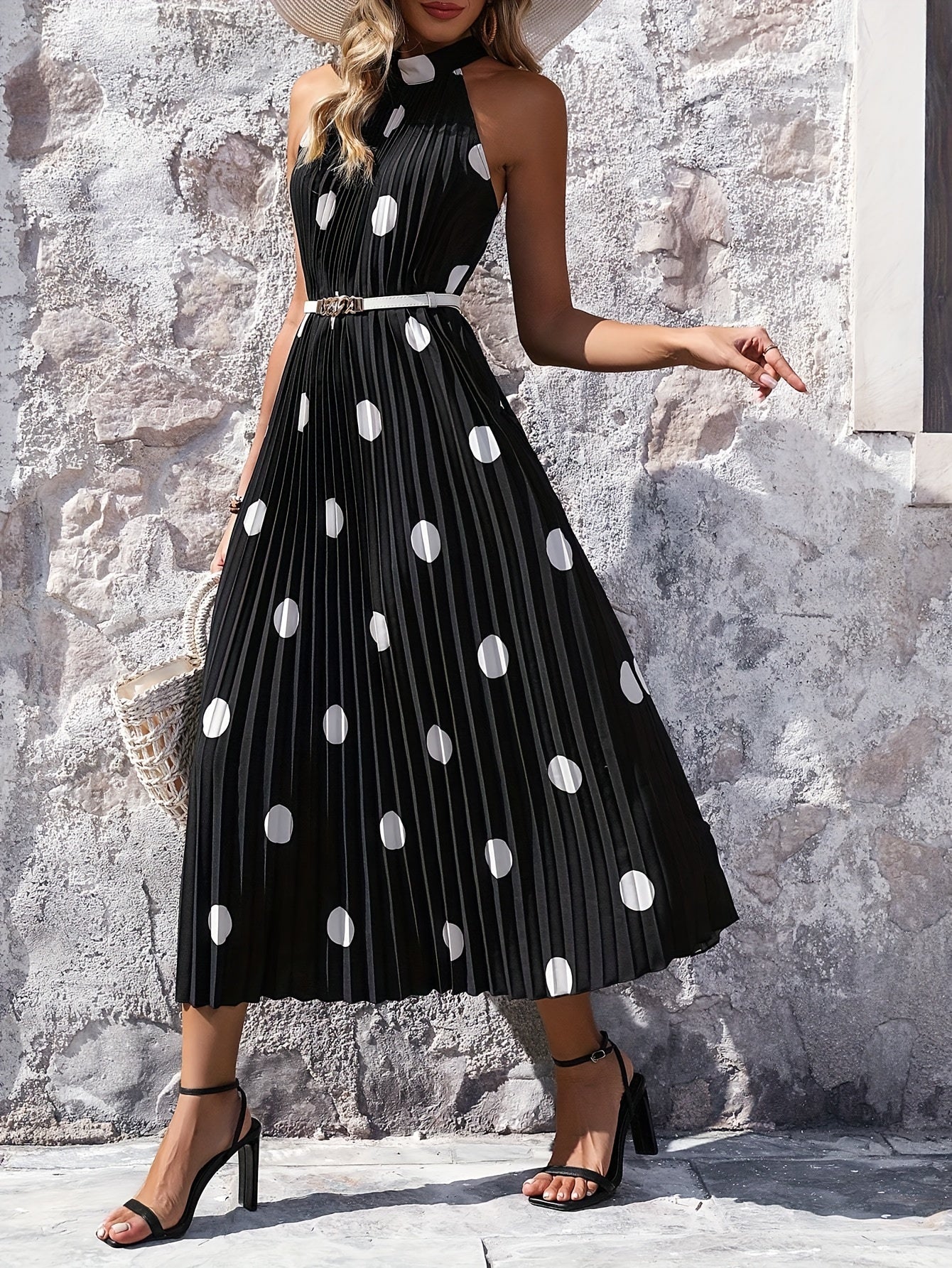 Polka Dot Print Halter Neck Pleated Dress, Elegant Sleeveless Trapeze Dress For Spring & Summer, Women's Clothing