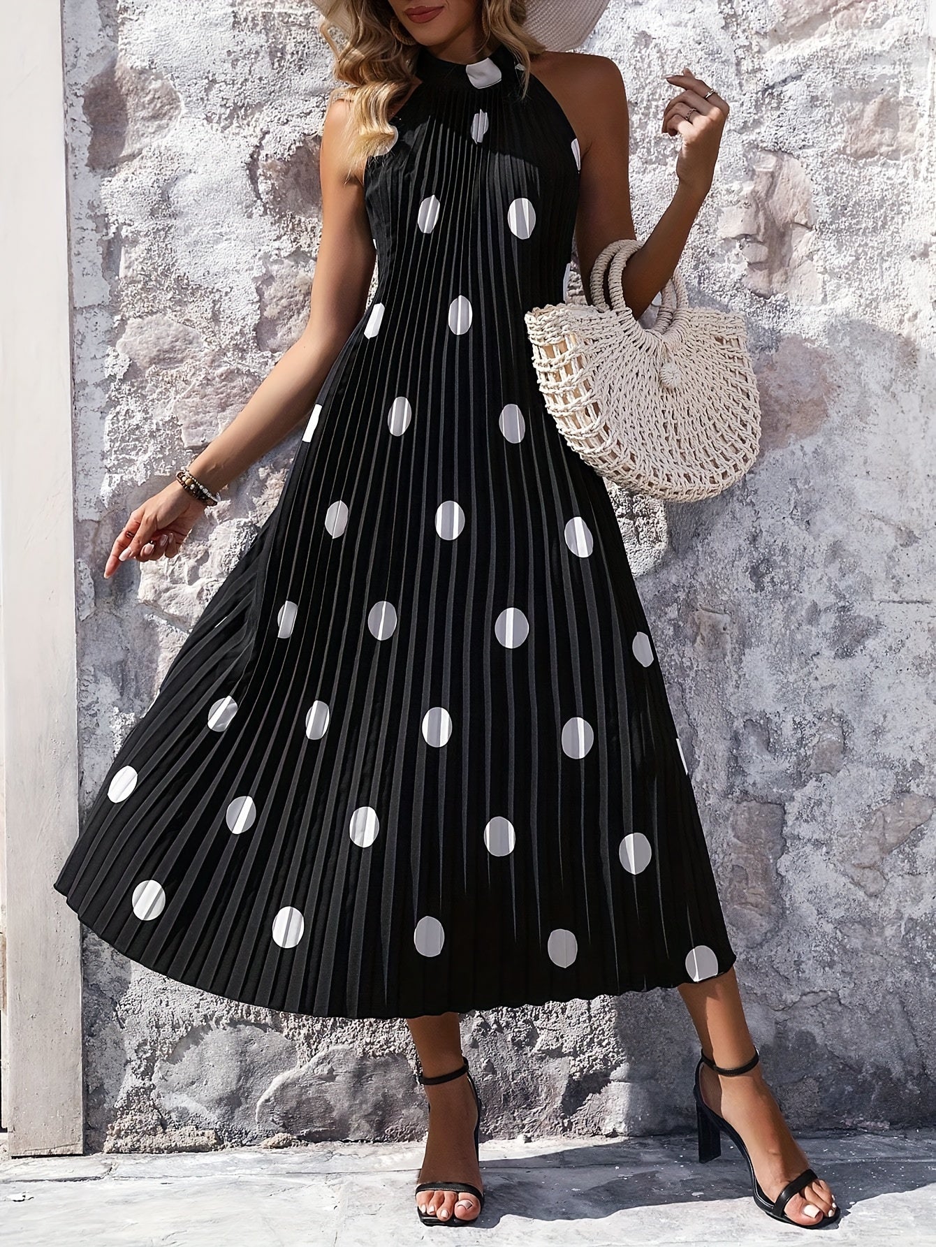 Polka Dot Print Halter Neck Pleated Dress, Elegant Sleeveless Trapeze Dress For Spring & Summer, Women's Clothing