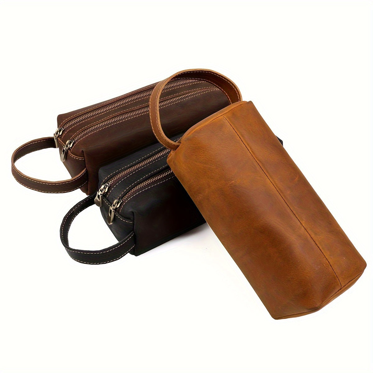 Men's Retro Classic Handbag, Genuine Crazy Horse Leather Double Zipper Storage Bag For Pen, Razor, Brush, Top Layer Cowhide Wrist Bag