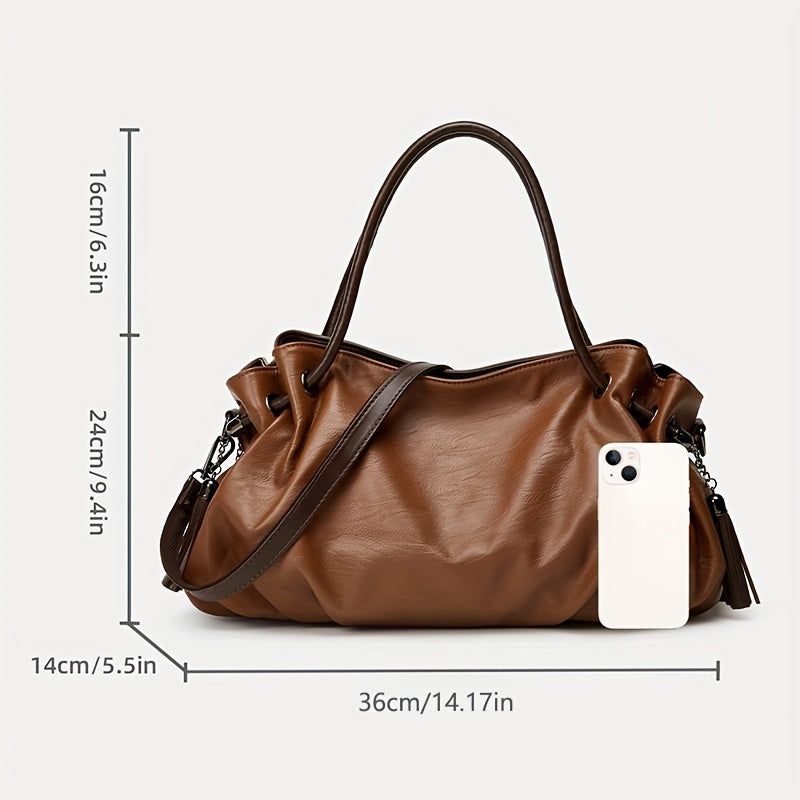 Vintage Style PU Leather Tote Bag with Removable Strap, Zipper Closure, and Polyester Lining, Elegant Pleated Design, Convertible Crossbody Messenger Bag, Crafted in Guangzhou