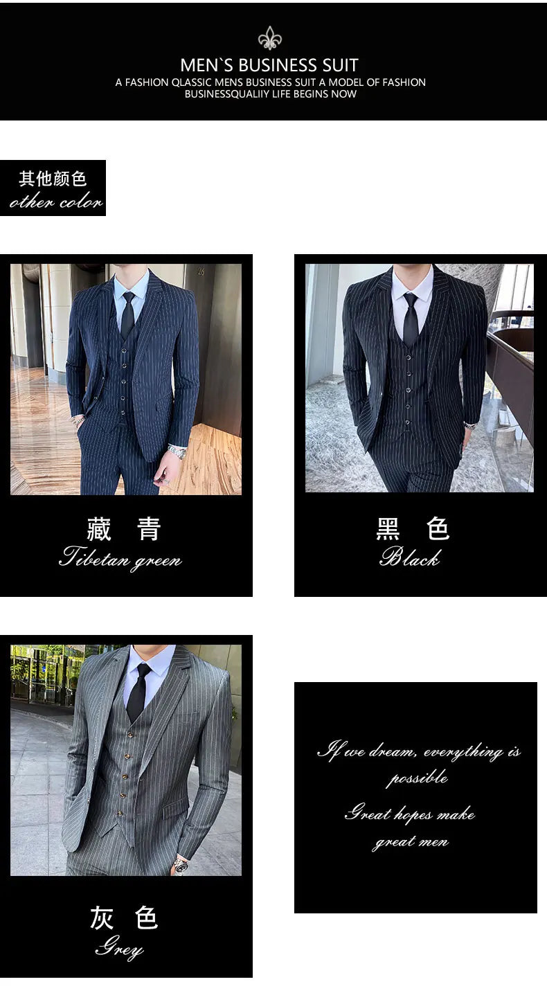 ( Jacket + Vest + Pants ) Prom Groom Tuxedos Latest Designs Male Wedding Suits 3Pcs Set Men's striped casual business suit