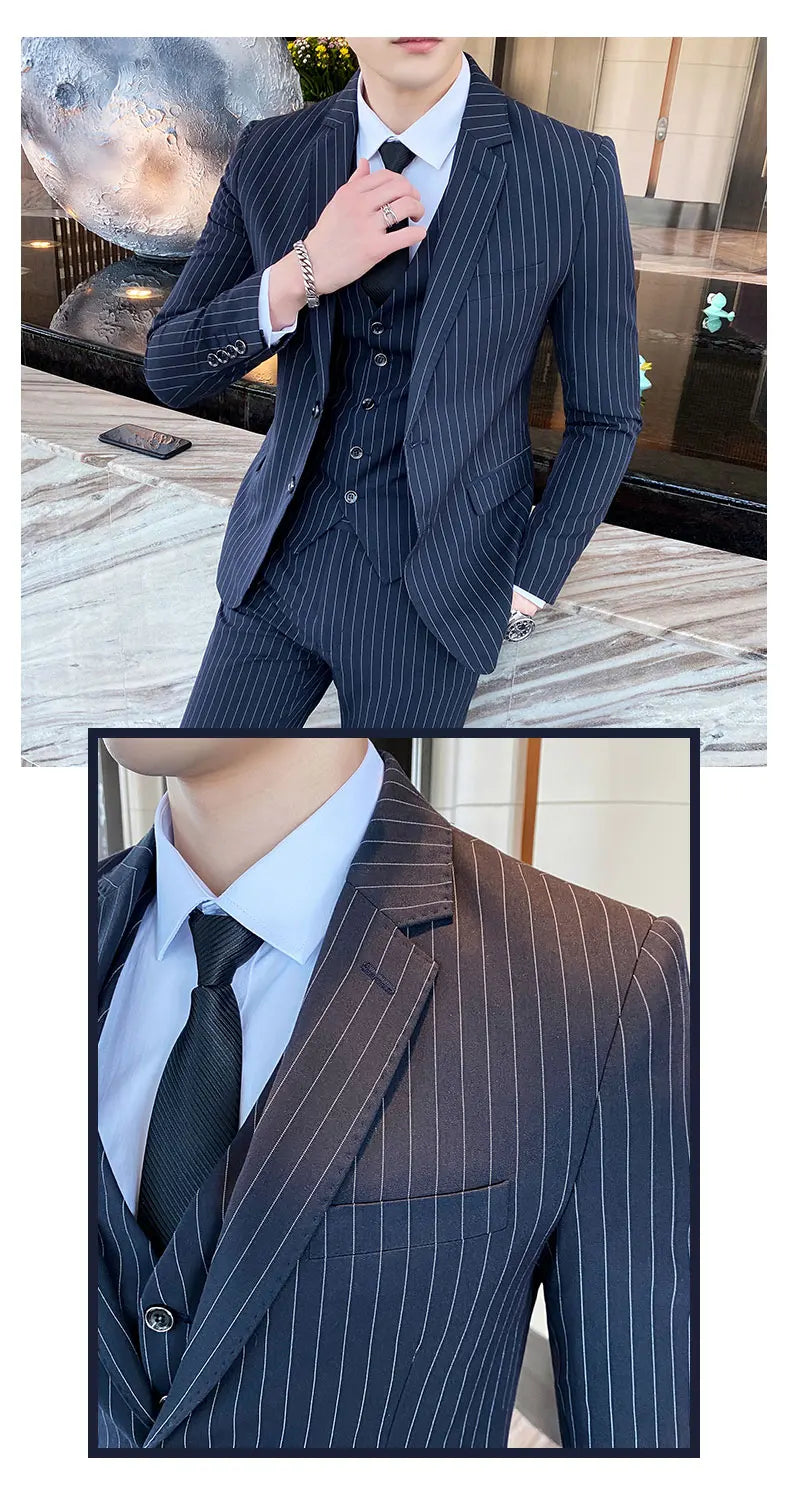 ( Jacket + Vest + Pants ) Prom Groom Tuxedos Latest Designs Male Wedding Suits 3Pcs Set Men's striped casual business suit