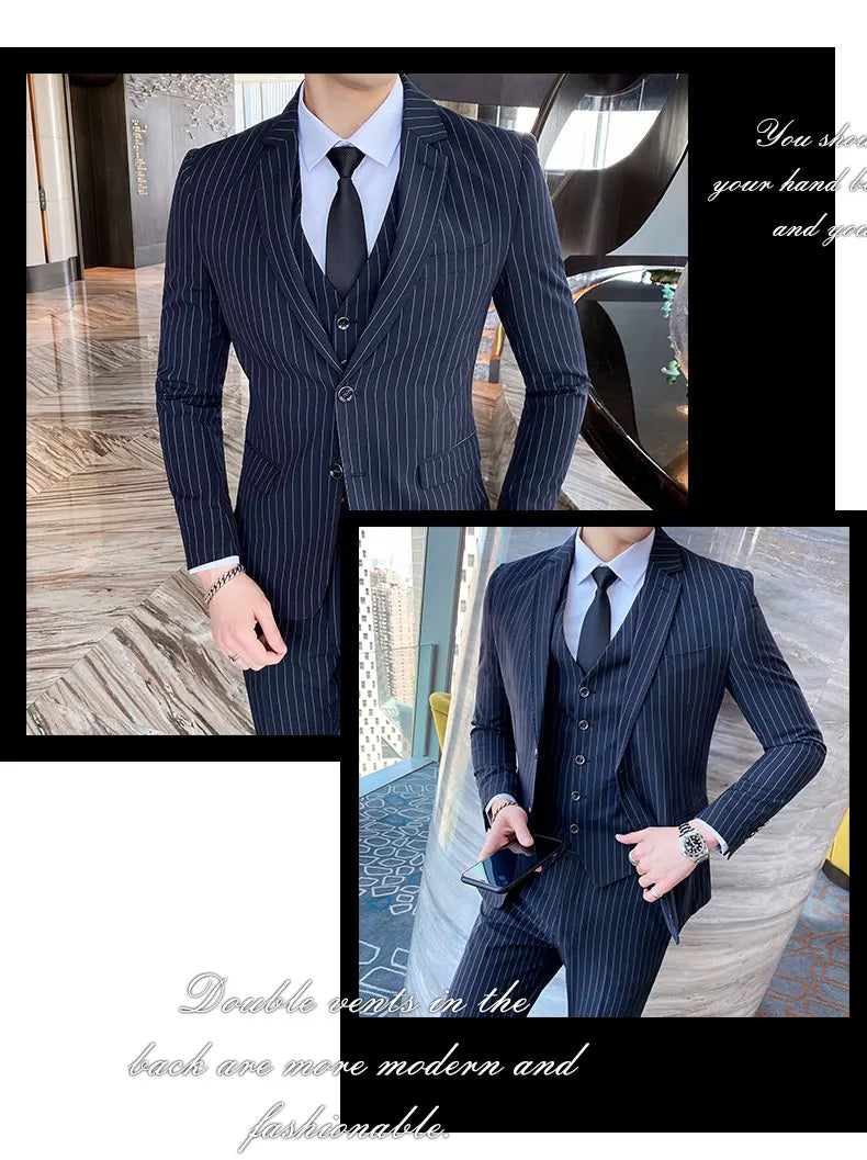 ( Jacket + Vest + Pants ) Prom Groom Tuxedos Latest Designs Male Wedding Suits 3Pcs Set Men's striped casual business suit