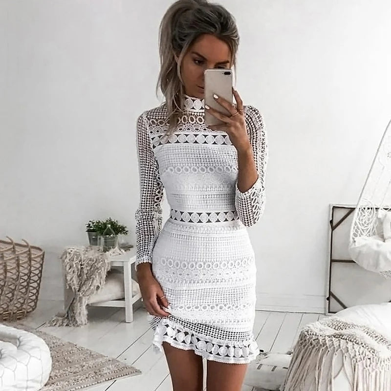 Summe Dress Sexy White Lace Short sleeve Stitching Hollow Out Party Dresses Elegant  Short Mini Spring Summer Long Sleeve