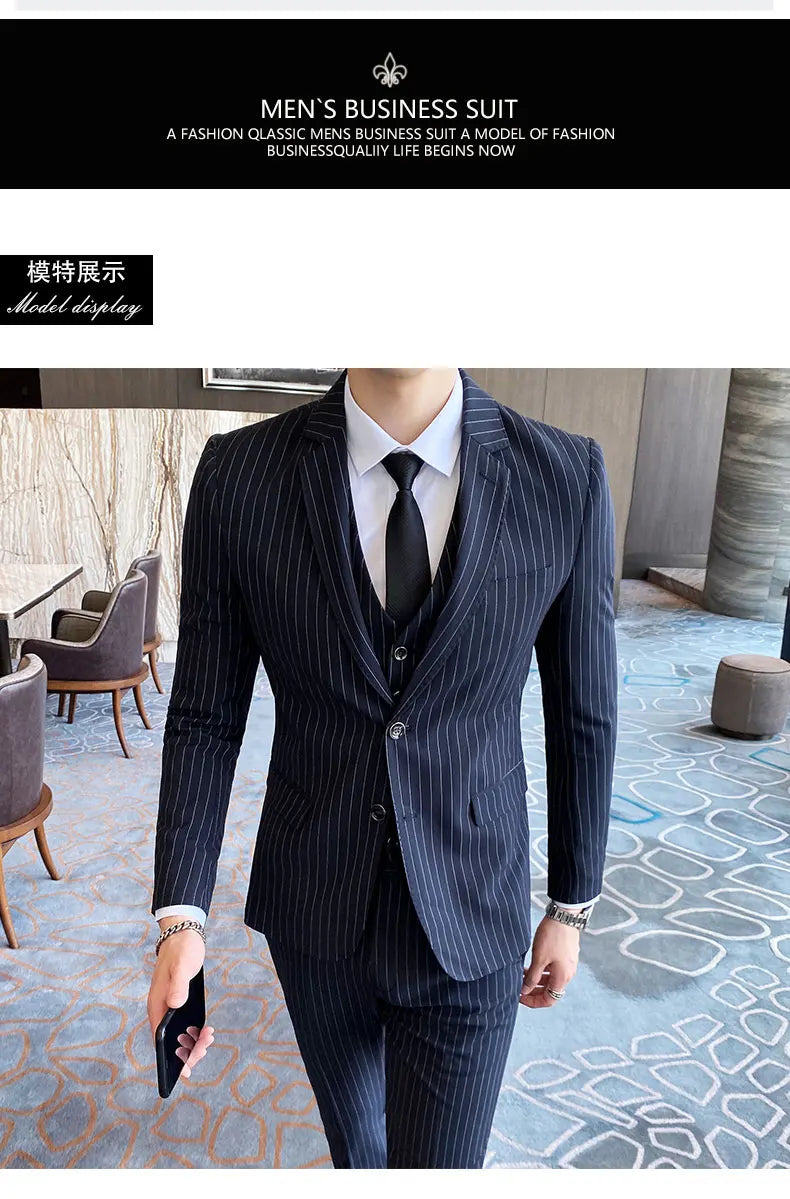 ( Jacket + Vest + Pants ) Prom Groom Tuxedos Latest Designs Male Wedding Suits 3Pcs Set Men's striped casual business suit