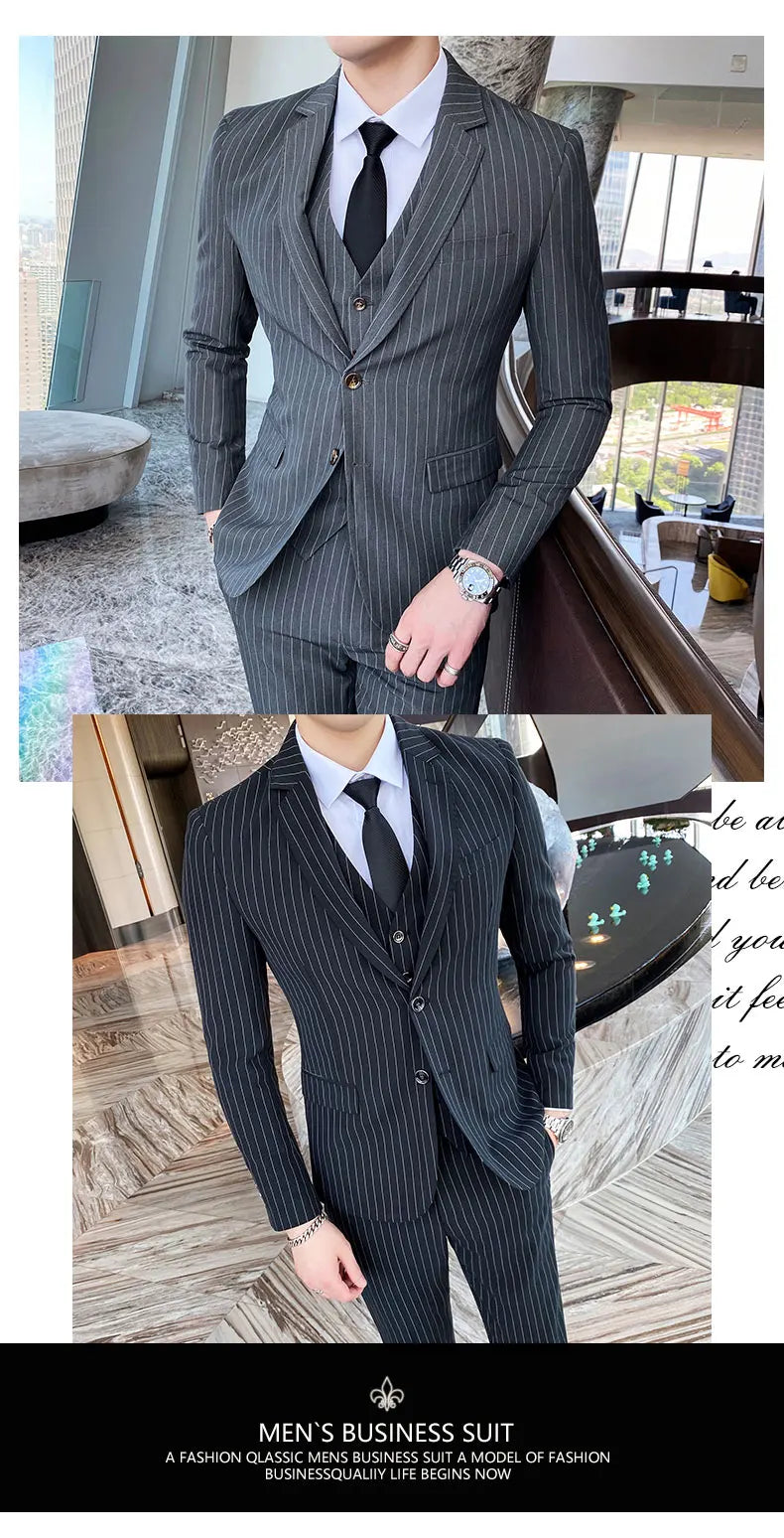 ( Jacket + Vest + Pants ) Prom Groom Tuxedos Latest Designs Male Wedding Suits 3Pcs Set Men's striped casual business suit