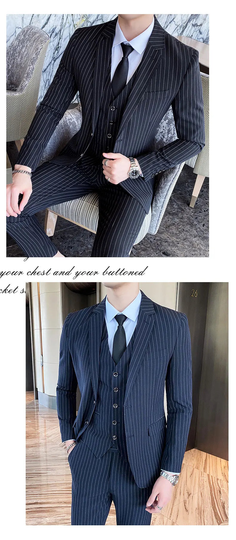 ( Jacket + Vest + Pants ) Prom Groom Tuxedos Latest Designs Male Wedding Suits 3Pcs Set Men's striped casual business suit