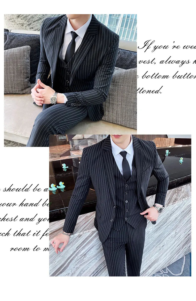 ( Jacket + Vest + Pants ) Prom Groom Tuxedos Latest Designs Male Wedding Suits 3Pcs Set Men's striped casual business suit