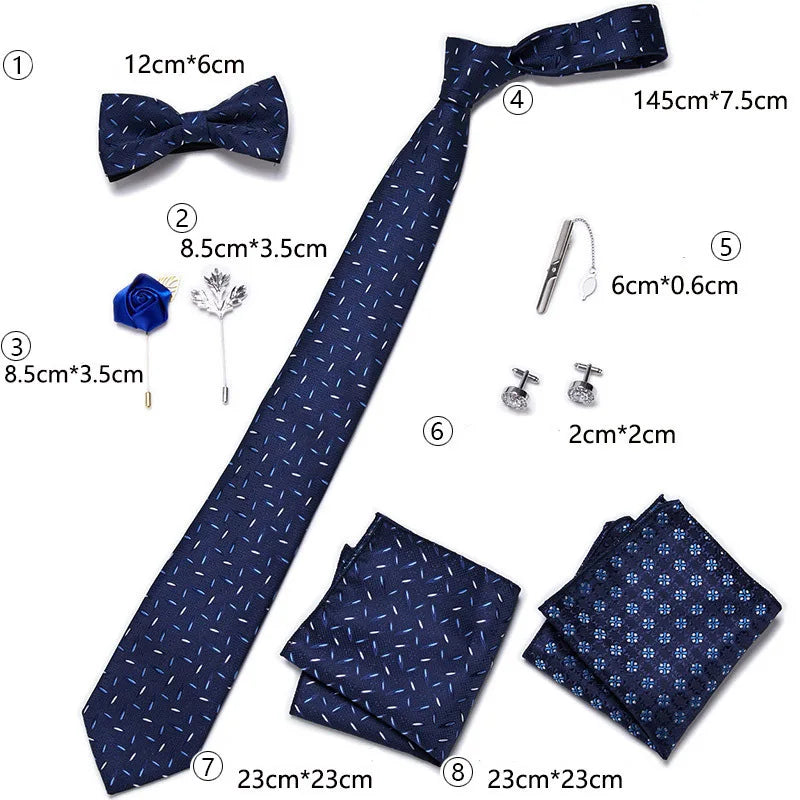 Set Bussiness Blue Ties For Mans Floral Brooches Pin Cufflinks Tie Clips Butterfly Bowtie Wedding Accessori Gift Box Set