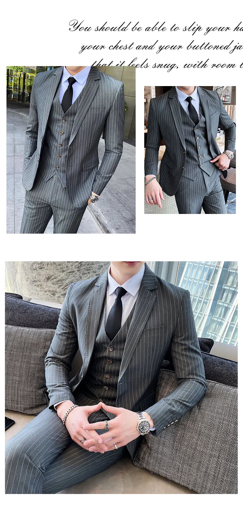 ( Jacket + Vest + Pants ) Prom Groom Tuxedos Latest Designs Male Wedding Suits 3Pcs Set Men's striped casual business suit