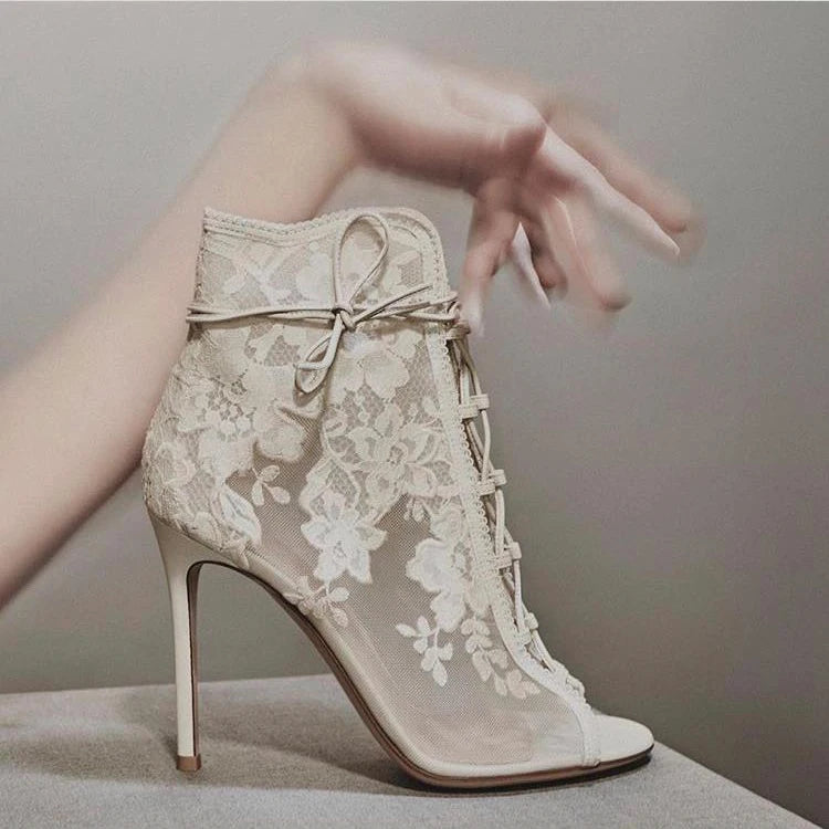 Women Lace Embroider Summer Boots White Black Elegant Dress Pumps Gladiator Shoes Wedding