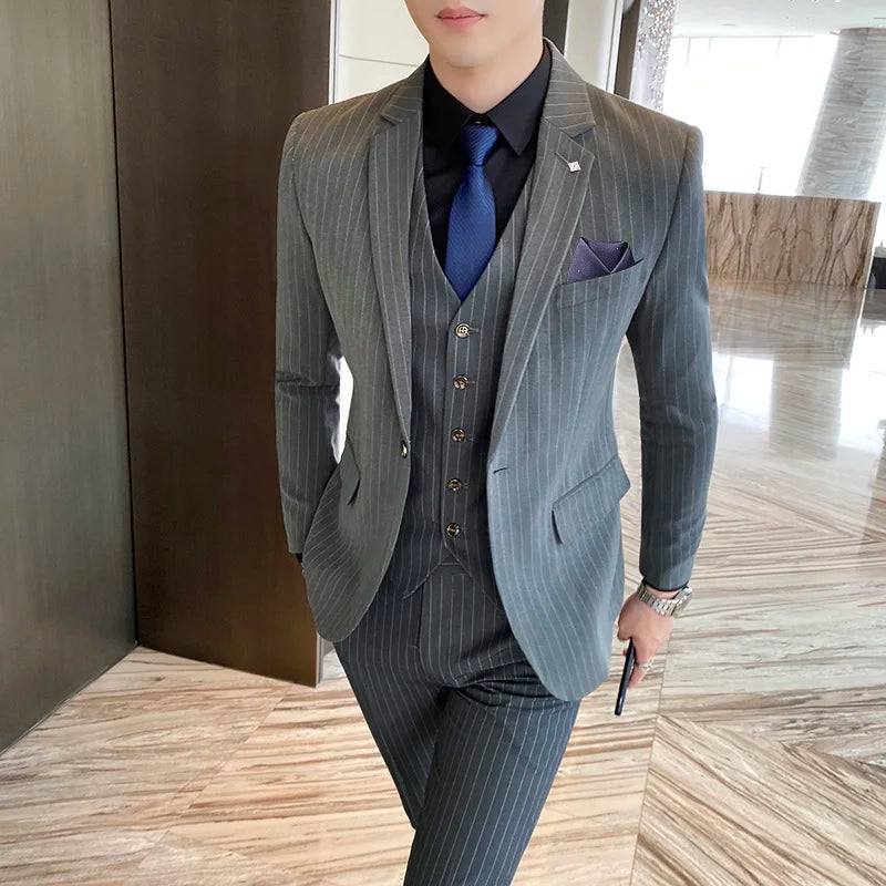 ( Jacket + Vest + Pants ) Prom Groom Tuxedos Latest Designs Male Wedding Suits 3Pcs Set Men's striped casual business suit