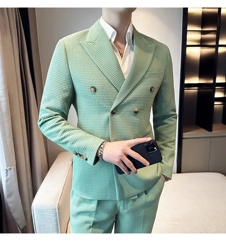 ( Jacket + Pant )Double-breasted Waffle Business Suit Men Wedding Prom Party Blazers and Trouser Homme Slim Fit Tuxedo Dress Set