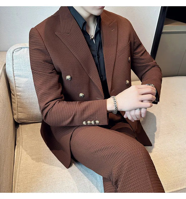 ( Jacket + Pant )Double-breasted Waffle Business Suit Men Wedding Prom Party Blazers and Trouser Homme Slim Fit Tuxedo Dress Set