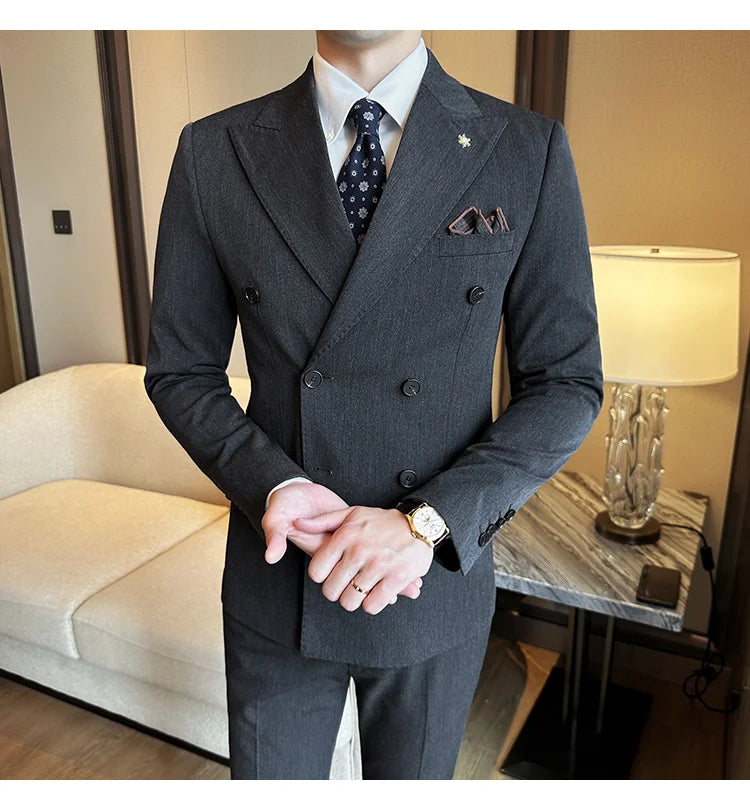 (Jacket + Trousers) Fashion Double Breasted Design Slim Men's Suit Italian Style Luxury Wedding Social Party Tuxedo 2 Piece Sets