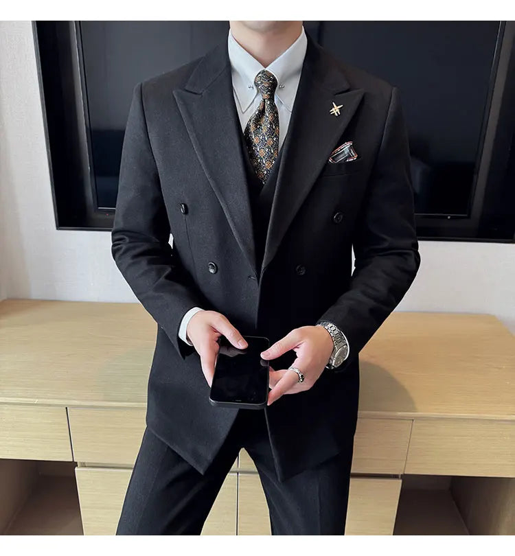 (Jacket+Vest+Pant) Autumn Winter Thickened Woolen Suit  New High Quality Slim Business Tuxedo Fashion Wedding Social Suits