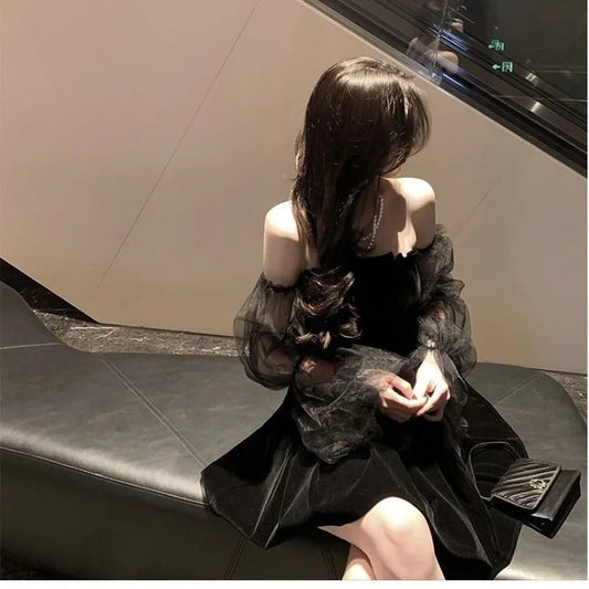 New 2022 Black Retro Dress Women Lace Chiffon Mini Dress Female High Street Sexy Korean Fashion Dress Women Club Dress