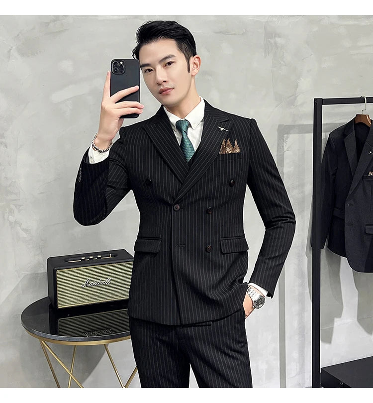 in black Fashion New Men's Boutique Business Slim Wedding Striped Double Breasted Suit Blazers Jacket Pants Trousers Vest 3 Pcs Set